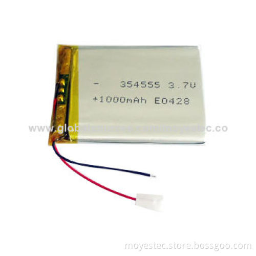 3.7V 1,000mAh lithium polymer battery, sized 3.5x45x55mm, CE marks
